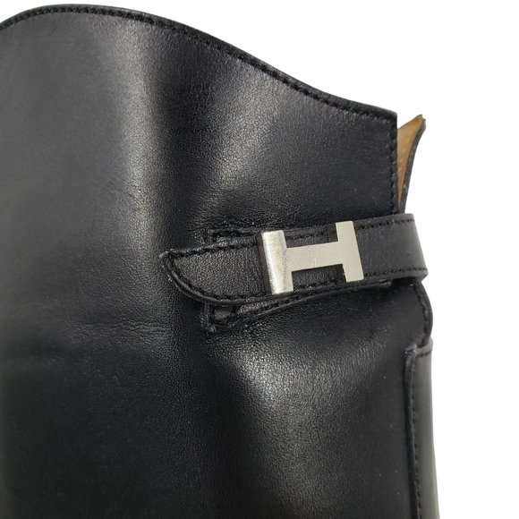 Hermes Tall Black Leather Jumping Boot Silver H Buckle Womens Size 38 Equestrian - Picture 2 of 15